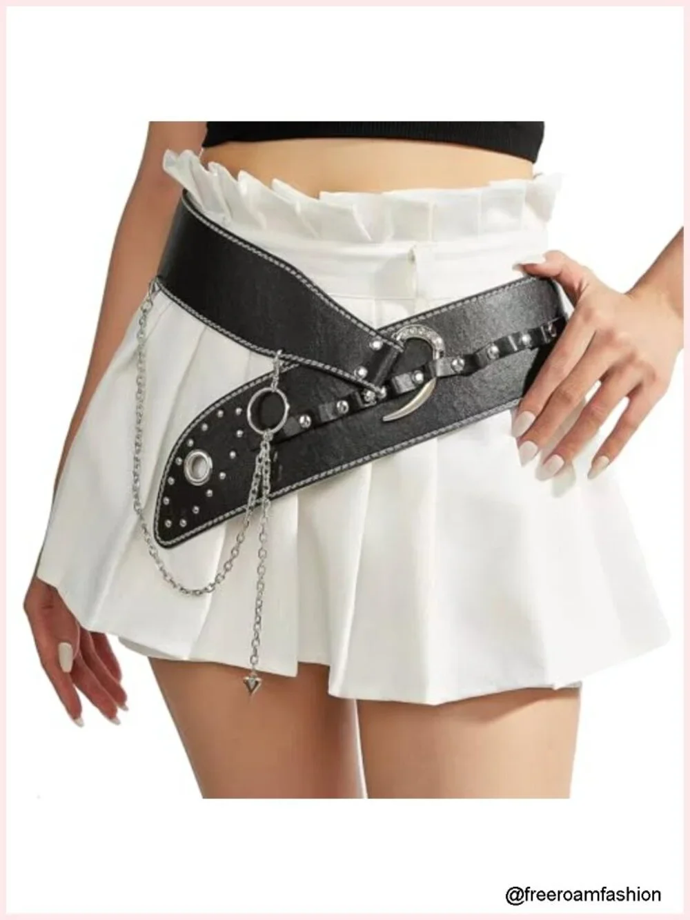 Wide PU Leather Belt with Rhinestone Studs and Interlocking Buckle